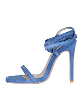 Denim Square-toe Stiletto Heel Fashion Sandals With Self-tie